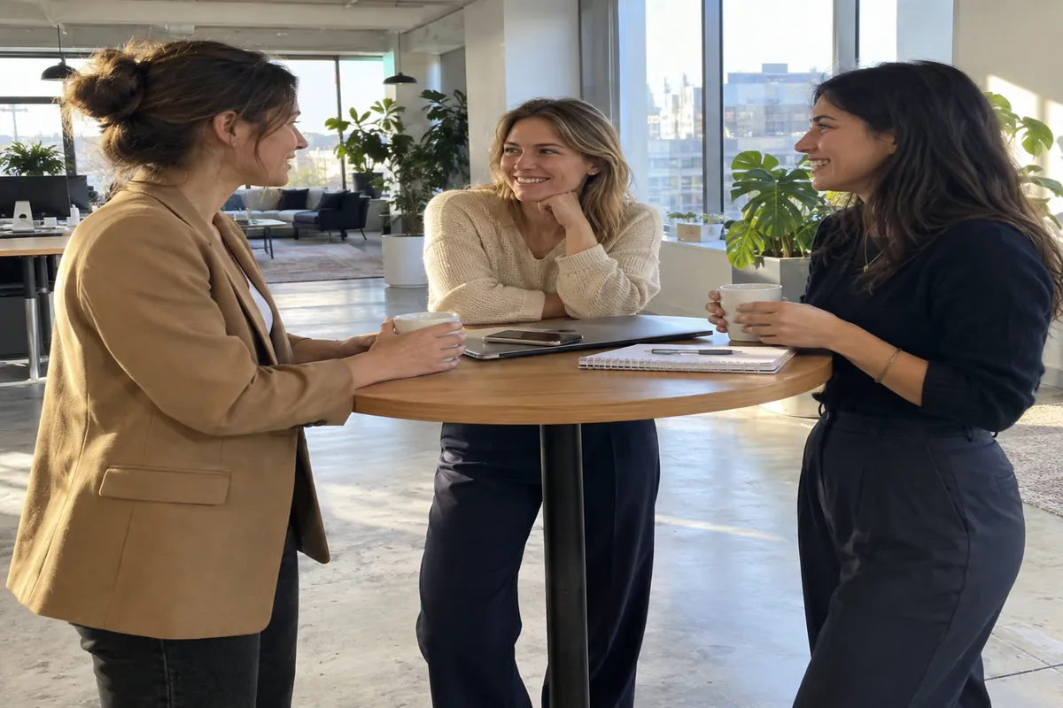 Three women in neutral workwear talking at a standing table in a bright open office