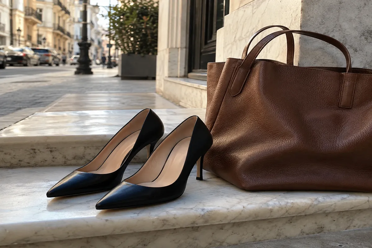 Black pointed-toe pumps placed on a pale marble step beside a leather tote, in daylight